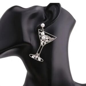 NWT Martini Earrings Pearl & Clear Rhinestone Dangle NIP